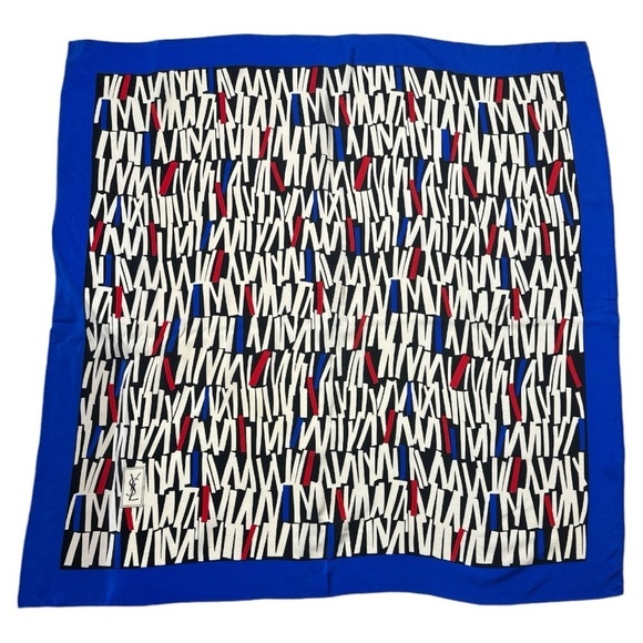 YSL Vintage 80s Blue Abstract Silk Scarf 34" - Picture 3 of 9